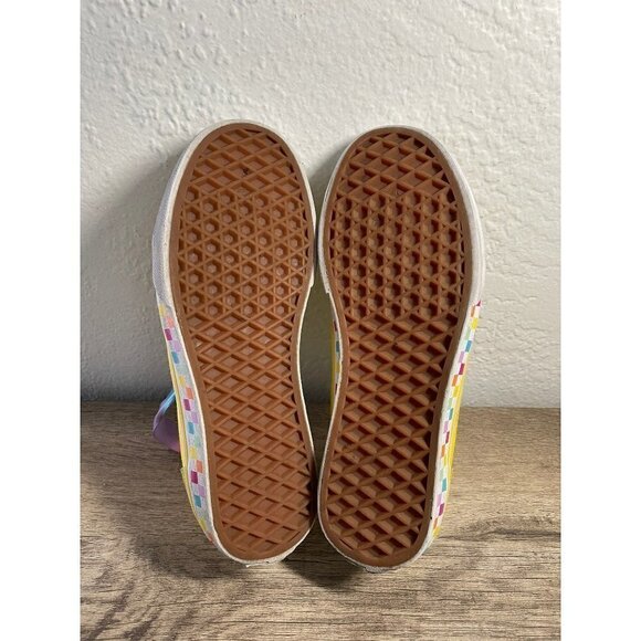 VANS OLD KIDS SKOOL SKATE SIZE 4.5 BRIGHT YELLOW RIBBON RAINBOW LACES SNEAKERS - Picture 5 of 6